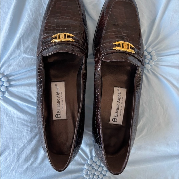 Etienne Aigner Dark Brown Croc-Embossed Leather Loafers with Gold Accent - Picture 2 of 8